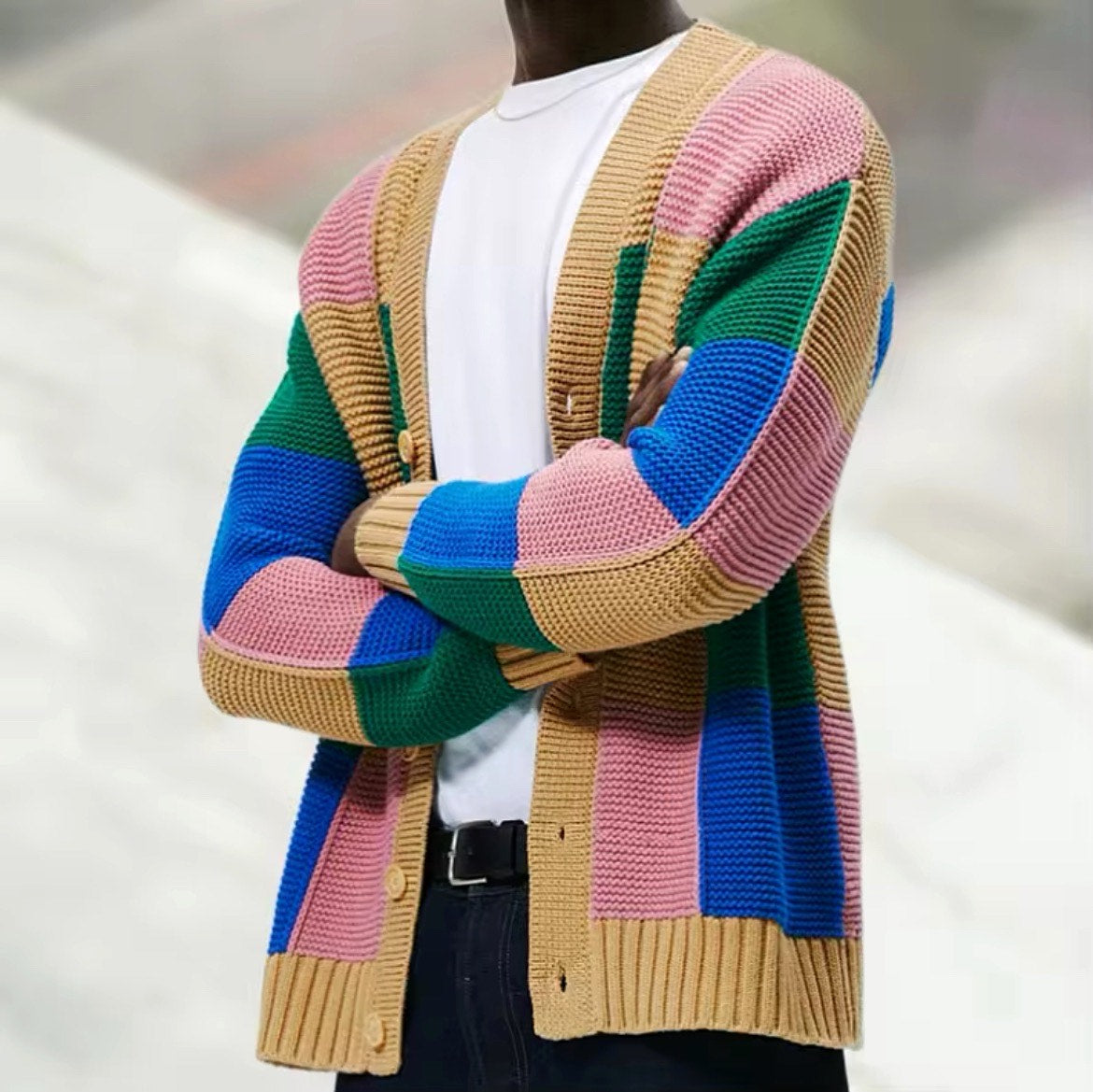 Heritage Luxe Wool Color-Block Cardigan for Men