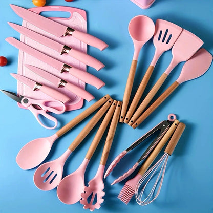 Vibrant MasterChef 19-Piece Silicone Kitchenware Set with Wooden Handles