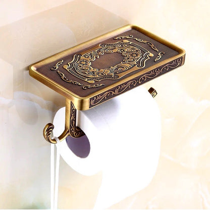 Antique Brass Toilet Paper Holder with Decorative Shelf and Side Hook