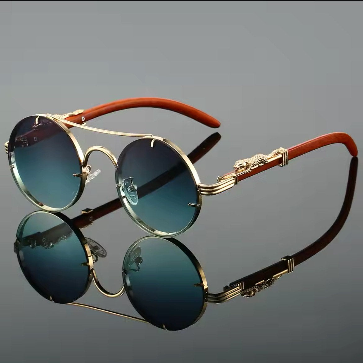 Panther Royale Vintage Round Sunglasses with Rich Wood-Tone Accents