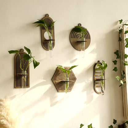 5Pcs Boho Geo Wall Vase Set – Wood & Glass Plant Holders