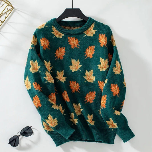 AutumnGlow Cozy Maple Leaf Knit Pullover Sweater