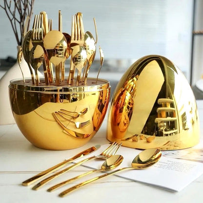 Golden Egg Cutlery Holder Set - 24-Piece Stainless Steel