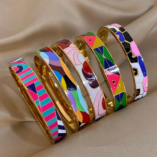 Gold-Tone Enamel Geometric Cuff Bracelet