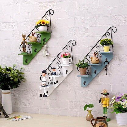 Artistic Staircase Wooden Wall Shelves with Iron Accents and Hooks