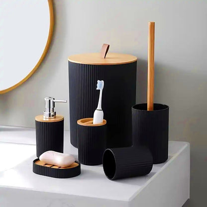 6-Piece Modern Bathroom Accessory Set with Wood Accents in Matte Black and White