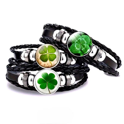 Luminous Lucky Charm Four-Leaf Clover Leather Bracelet