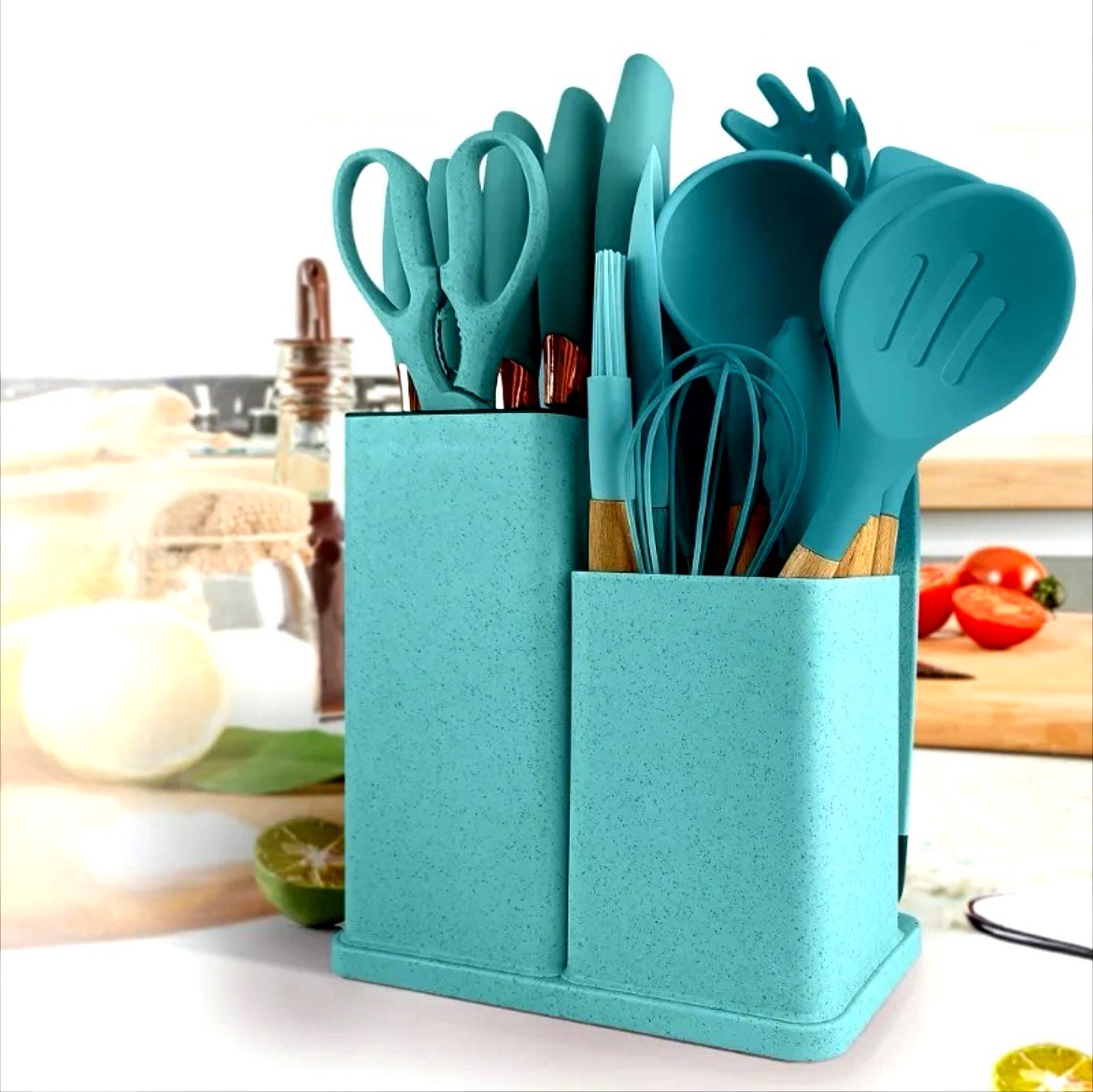 Vibrant MasterChef 19-Piece Silicone Kitchenware Set with Wooden Handles