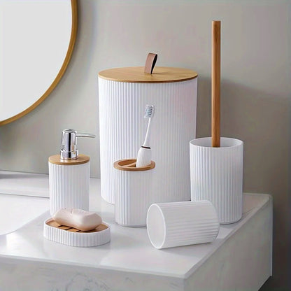 6-Piece Modern Bathroom Accessory Set with Wood Accents in Matte Black and White