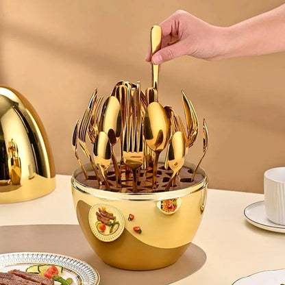 Golden Egg Cutlery Holder Set - 24-Piece Stainless Steel