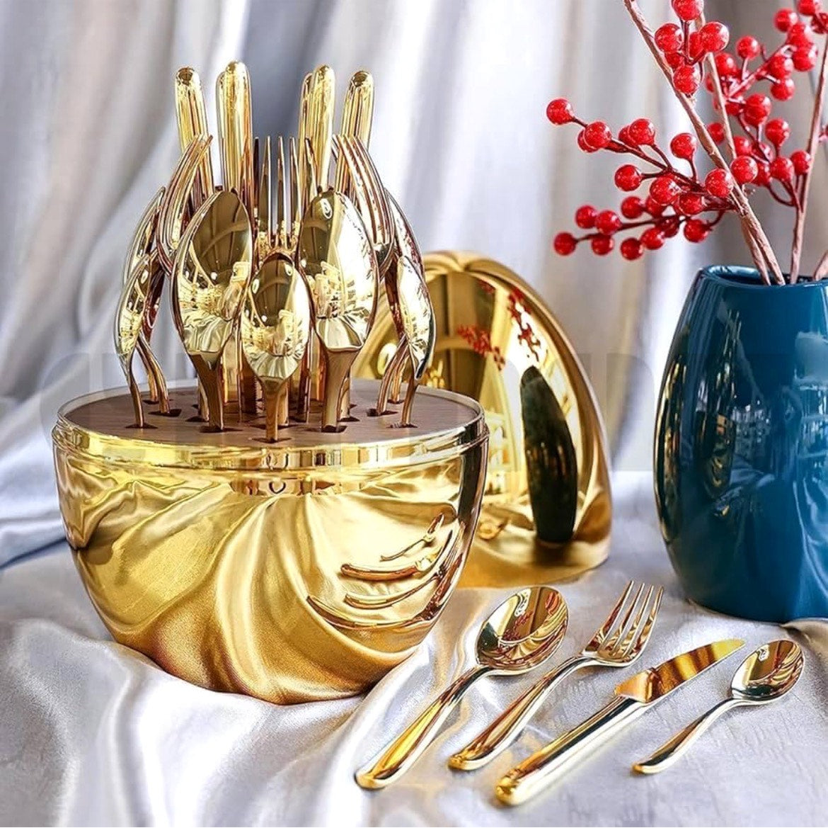 Golden Egg Cutlery Holder Set - 24-Piece Stainless Steel