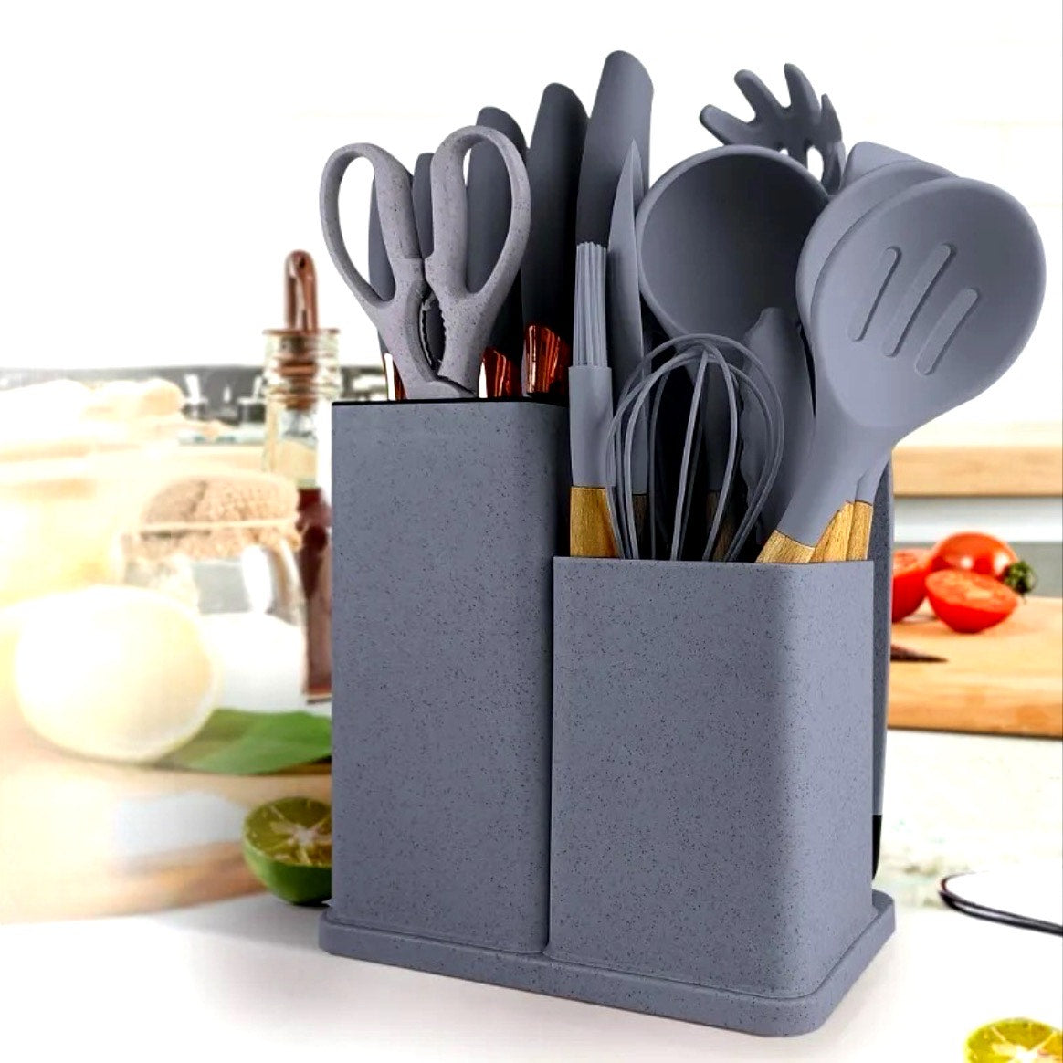 Vibrant MasterChef 19-Piece Silicone Kitchenware Set with Wooden Handles