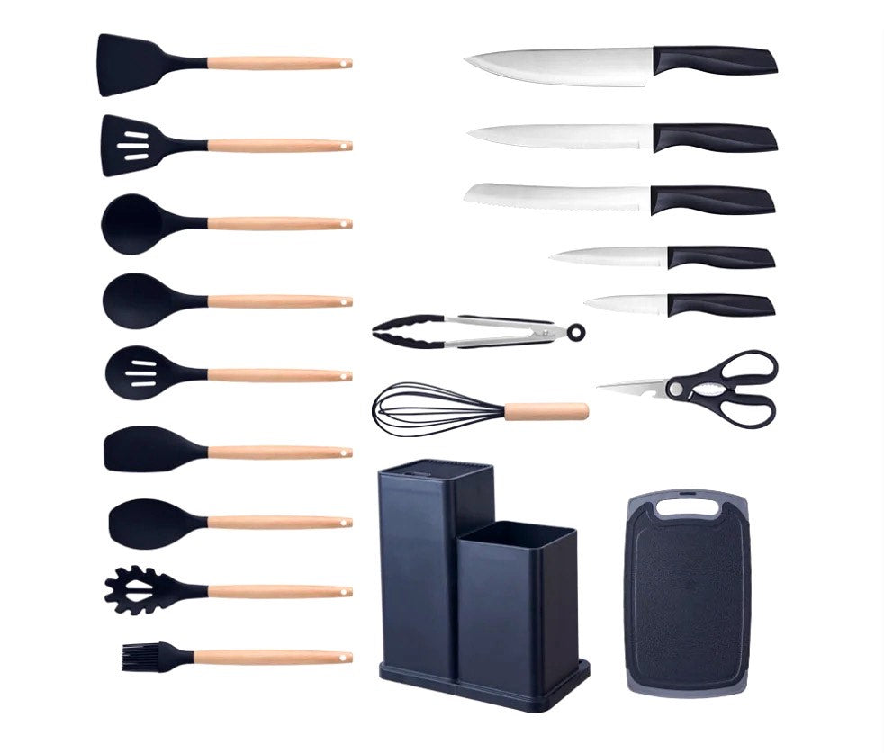 Vibrant MasterChef 19-Piece Silicone Kitchenware Set with Wooden Handles