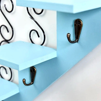 Artistic Staircase Wooden Wall Shelves with Iron Accents and Hooks