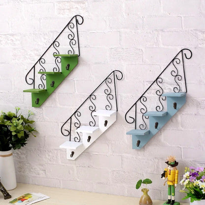 Artistic Staircase Wooden Wall Shelves with Iron Accents and Hooks