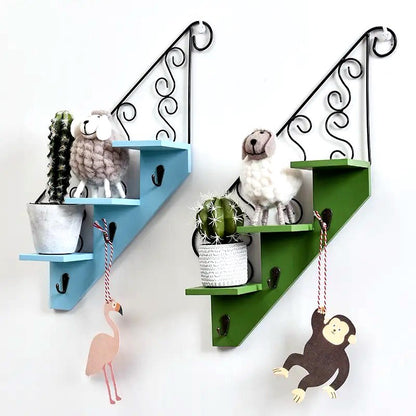 Artistic Staircase Wooden Wall Shelves with Iron Accents and Hooks