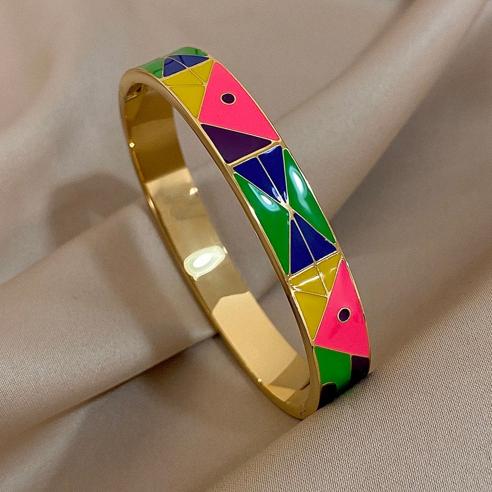 Gold-Tone Enamel Geometric Cuff Bracelet