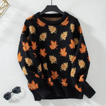 AutumnGlow Cozy Maple Leaf Knit Pullover Sweater