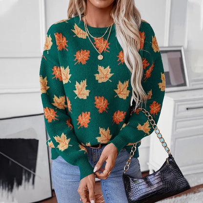 AutumnGlow Cozy Maple Leaf Knit Pullover Sweater