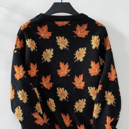 AutumnGlow Cozy Maple Leaf Knit Pullover Sweater