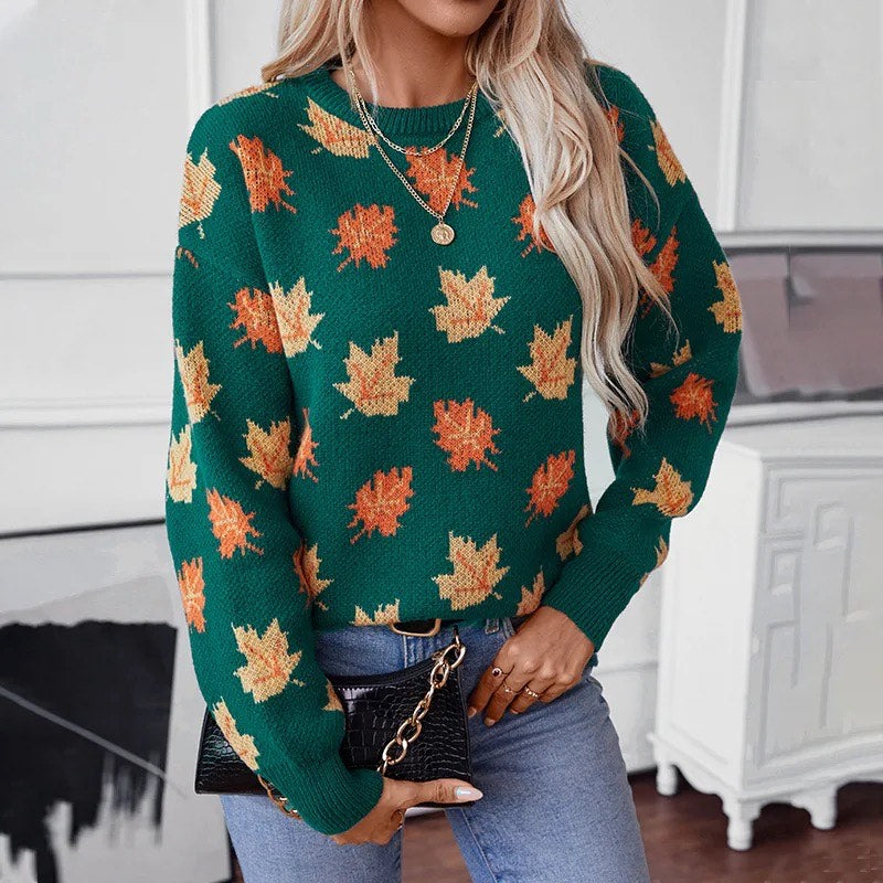 AutumnGlow Cozy Maple Leaf Knit Pullover Sweater