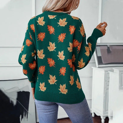 AutumnGlow Cozy Maple Leaf Knit Pullover Sweater