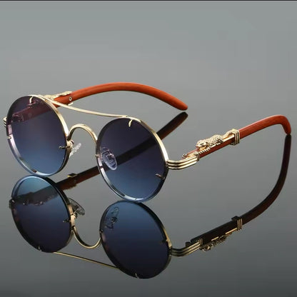 Panther Royale Vintage Round Sunglasses with Rich Wood-Tone Accents