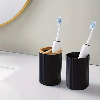 6-Piece Modern Bathroom Accessory Set with Wood Accents in Matte Black and White